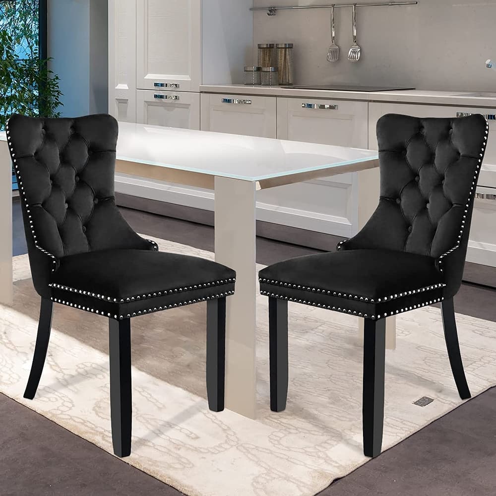 Velvet Dining Chairs Set of 2, Upholstered High-end Tufted Dining Room Chair with Nailhead Back Ring Pull Trim Solid Wood Legs