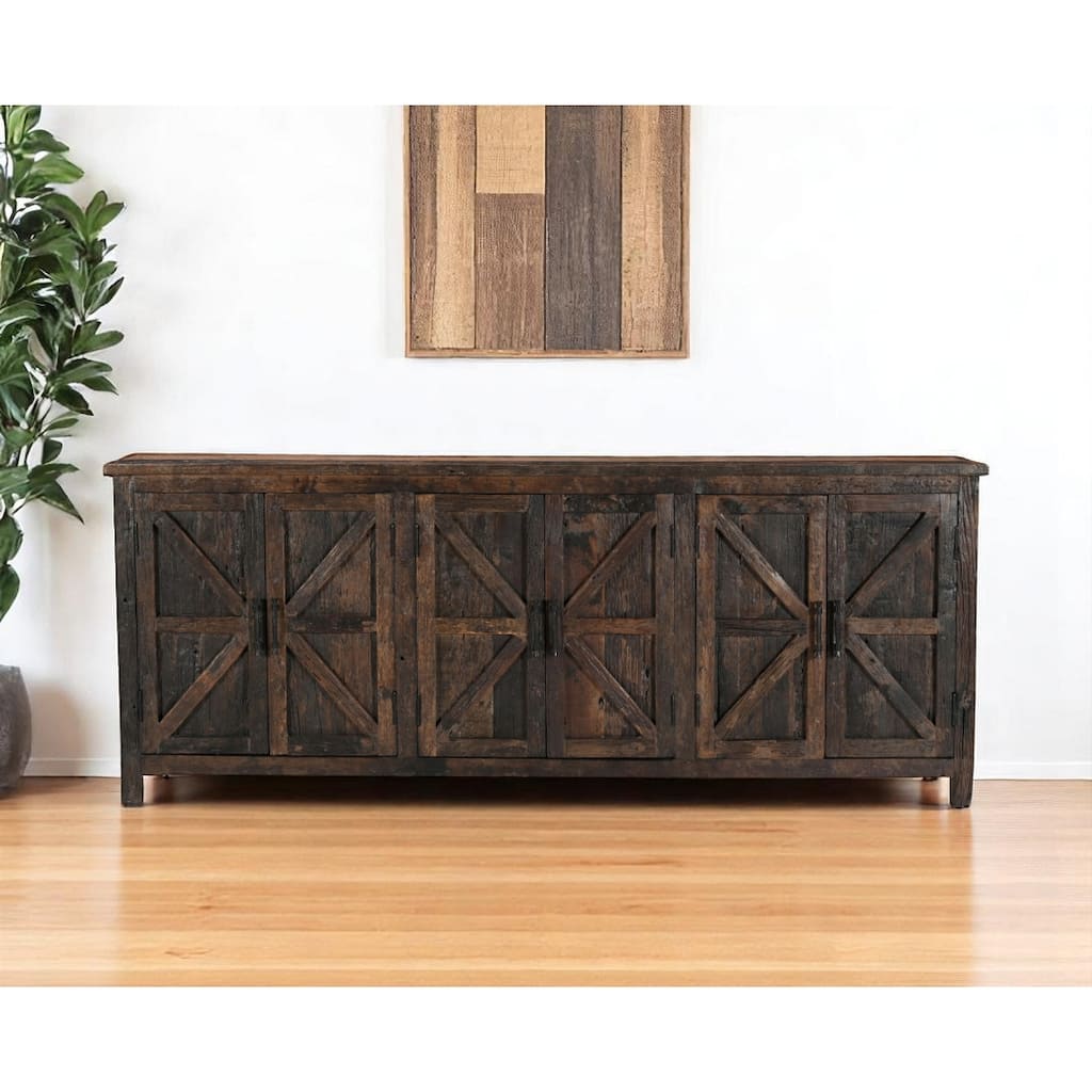 HomeRoots 84" Dark Brown Distressed Reclaimed Wood Paneled Sideboard with Six Doors - 84.00 in. x 33.00 in. x 16.00 in.
