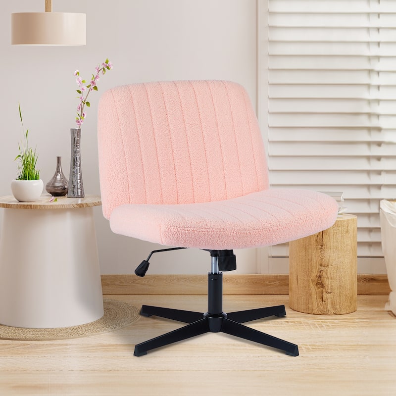 Armless Desk Chair without Wheels Wide Swivel Chair Teddy Fabric Home Office Desk Chairs - Pink