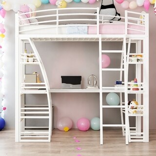 Twin Size Modern Style White Loft Bed with 4 Layers of Shelves and L-shaped Desk,Maximized Space,Easy Assembly