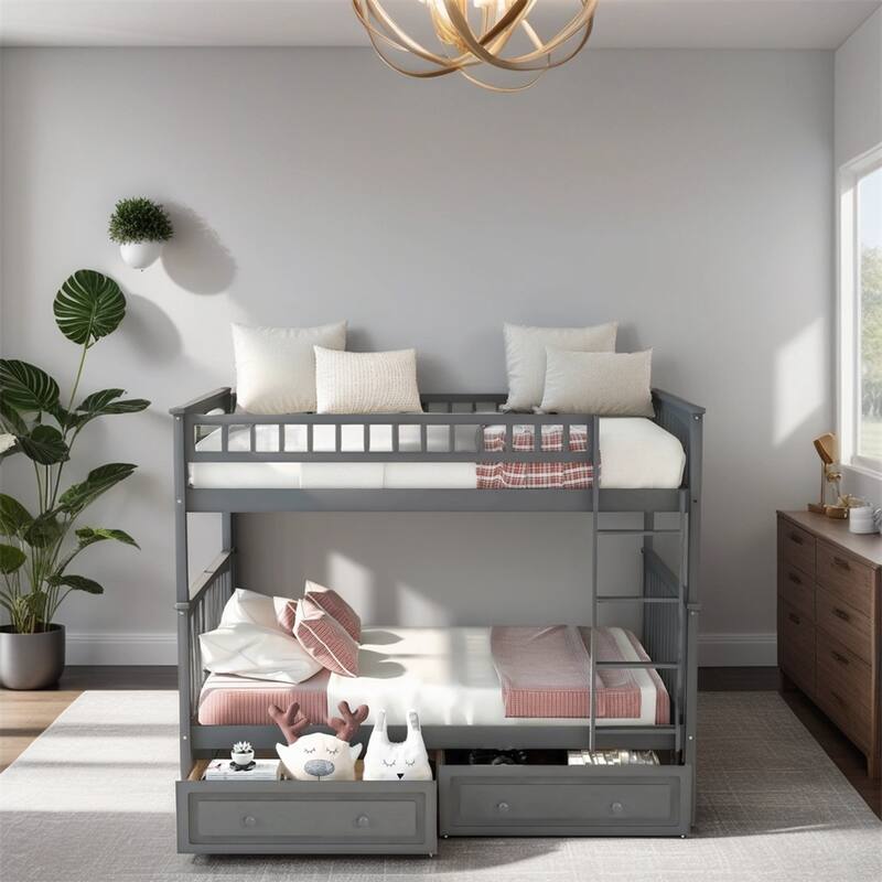 Full Over Full Wood Bunk Bed with Drawers and Guardrail - Gray