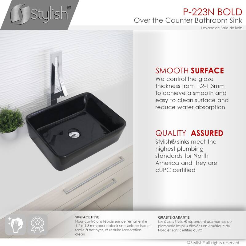 STYLISH Porcelain Rectangular 18 3/4-inches Top Mounted Ceramic Vessel Bathroom Sink - 18.75" x 14.5" x 5.25"
