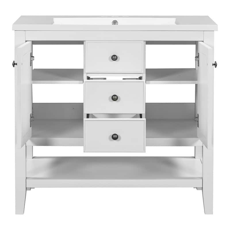 36" Bathroom Vanity with/without Sink, Bathroom Vanity Cabinet with 2 Cabinets and Drawers, Open Shelf, Solid Wood Frame