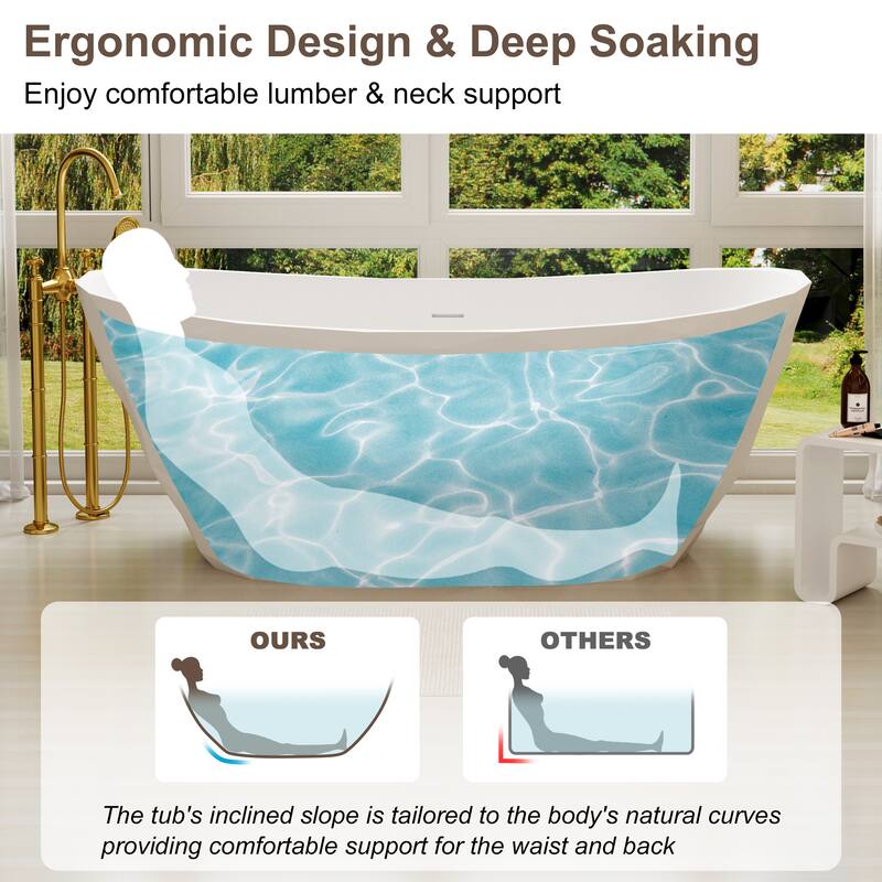 64 in. Freestanding Solid Surface Soaking Bathtub in Matte White, Elegant Oval Design with Center Drain