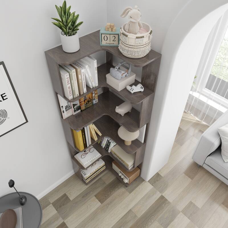 6-Tier L-Shaped Corner Bookshelf, Freestanding Wooden Bookcase with Anti-Drop Panel & Anti-Tip Device