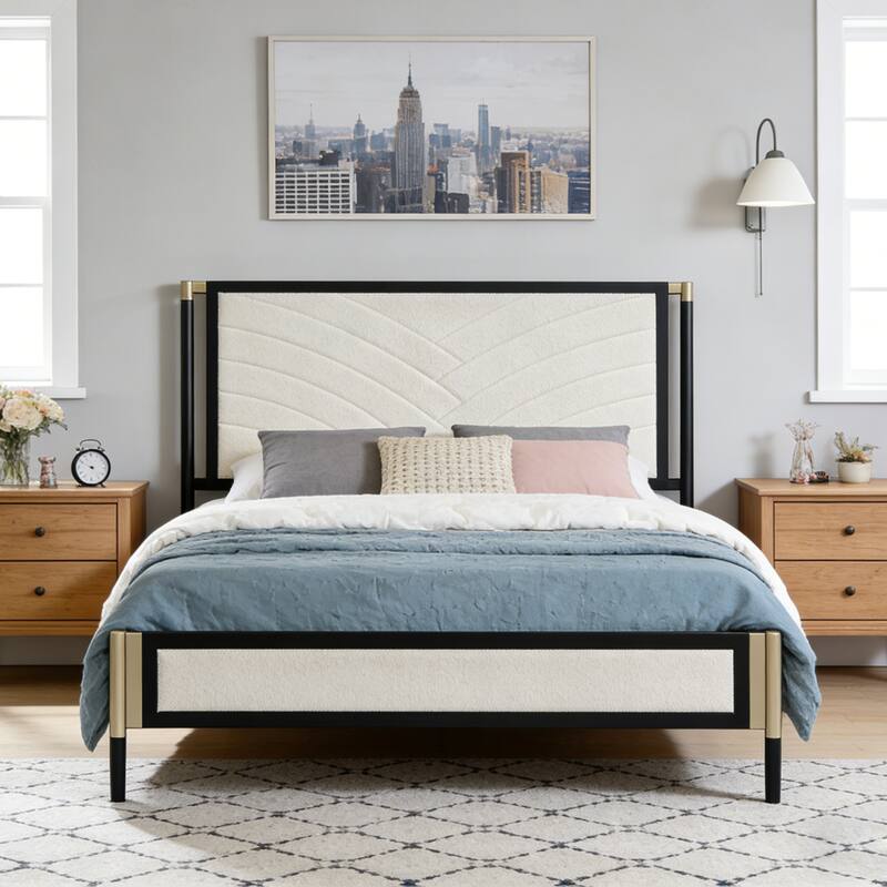 Roomfitters Metal Platform Bed Frame with White Boucle Headboard and Wood Slats, White and Black - Full