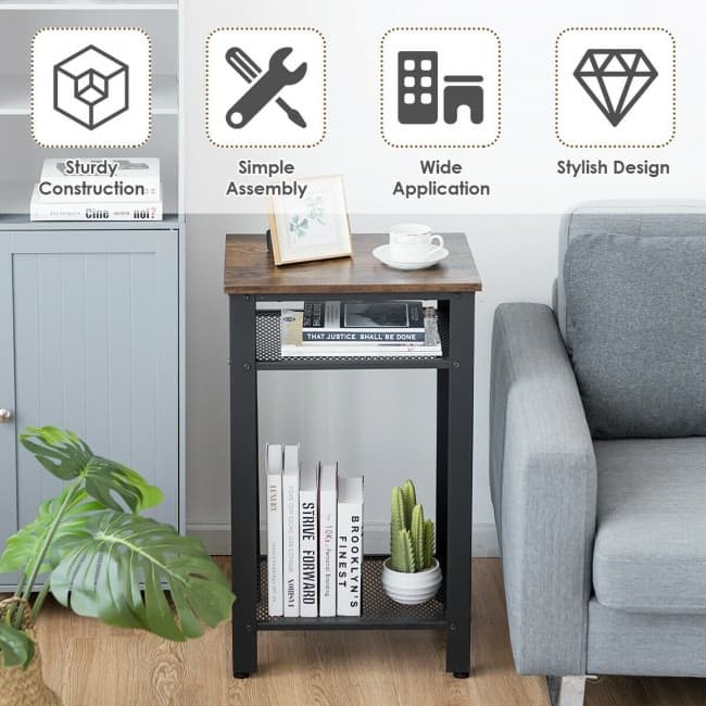 Industrial 3-Tier End Table with Metal Mesh Shelves and Adjustable Feet - 17.5" x 14" x 29.5"