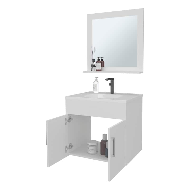 Slater Floating Bathroom Vanity Set with Sink, Two-Door Cabinet, and Mirror