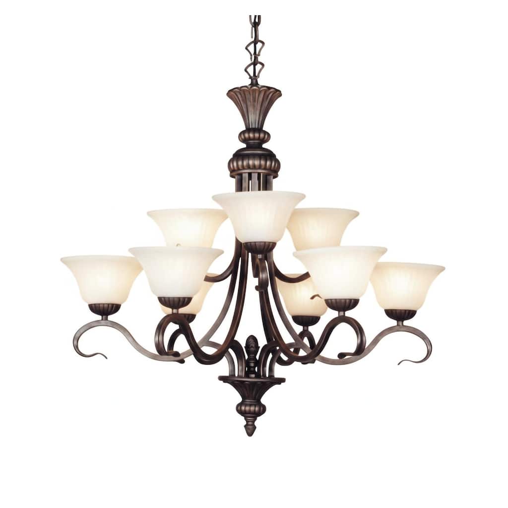 9-Light Bronze Chandelier With White Glass Shades