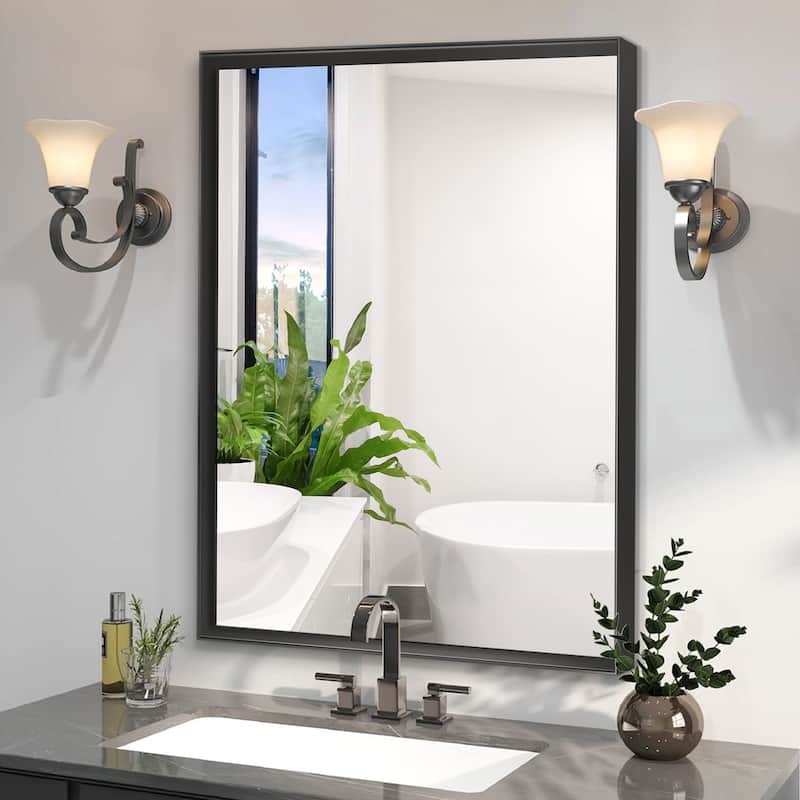 Modern 40x30 Inch Rectangle Bathroom Mirror with Brushed Metal Frame, Decorative Beveled Edge for Wall Mounting
