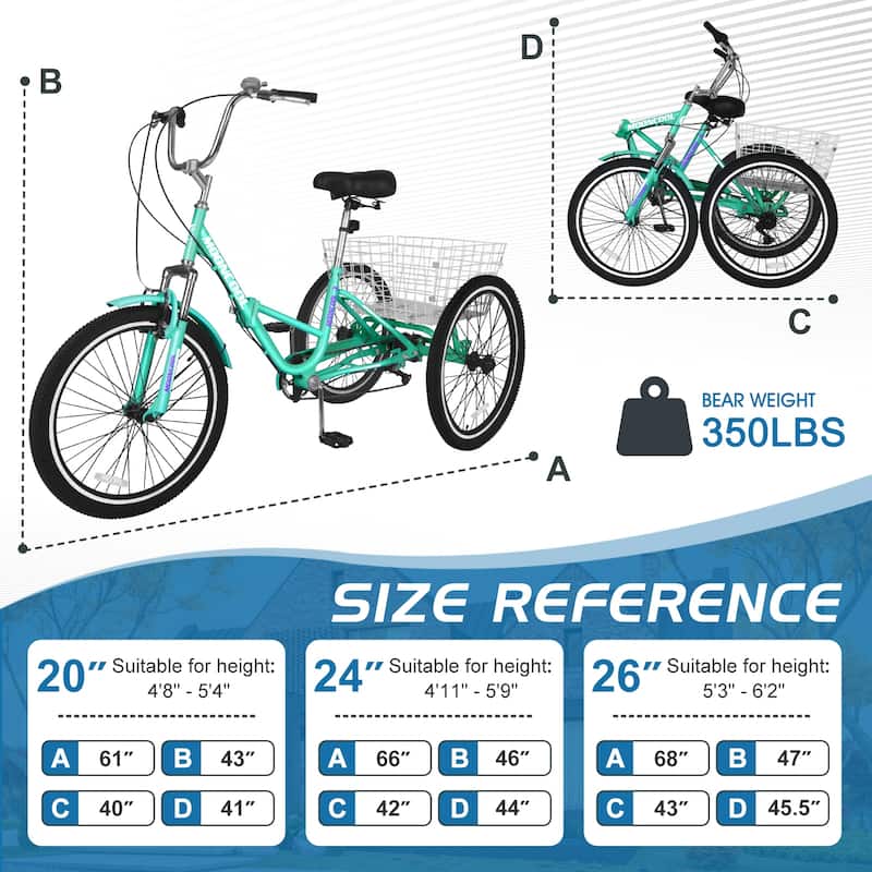 DoCred Adult Folding Tricycle, 7 Speed 3-Wheel Bicycle with Basket