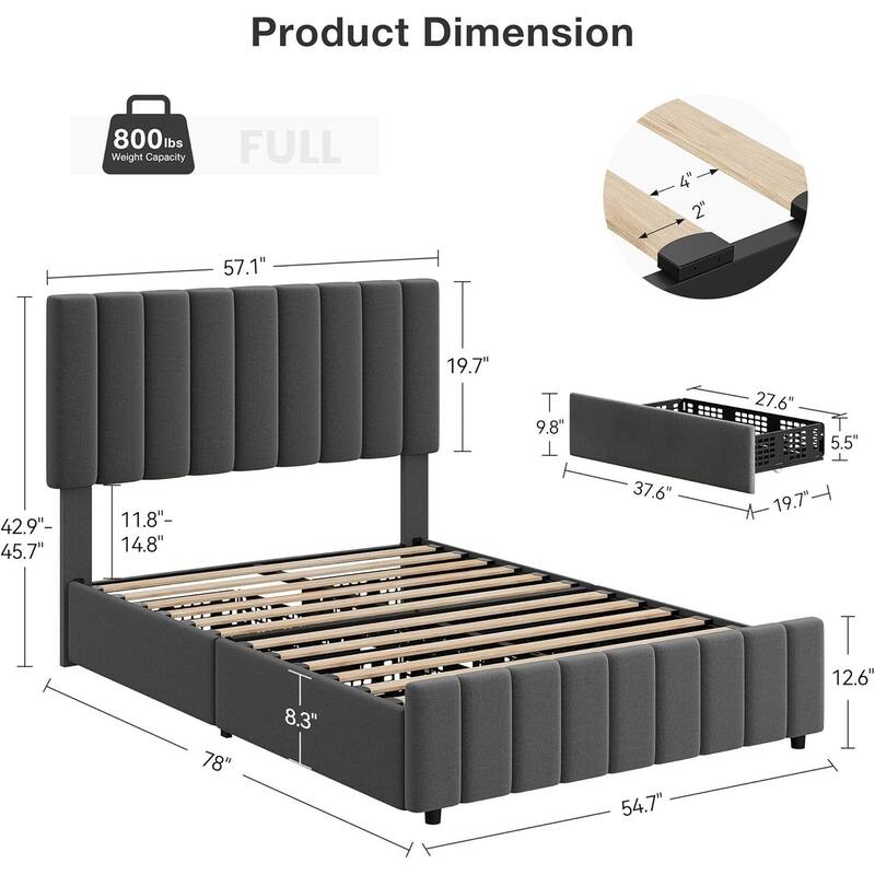 Bed Frame with 4 Storage Drawers and Adjustable Headboard, No Box Spring Needed - Grey - Full