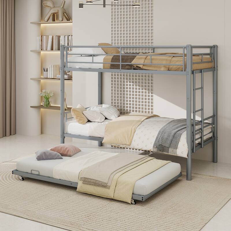 GDFStudio - Heavy-Duty Metal Twin over Twin Bunk Bed with Guardrail