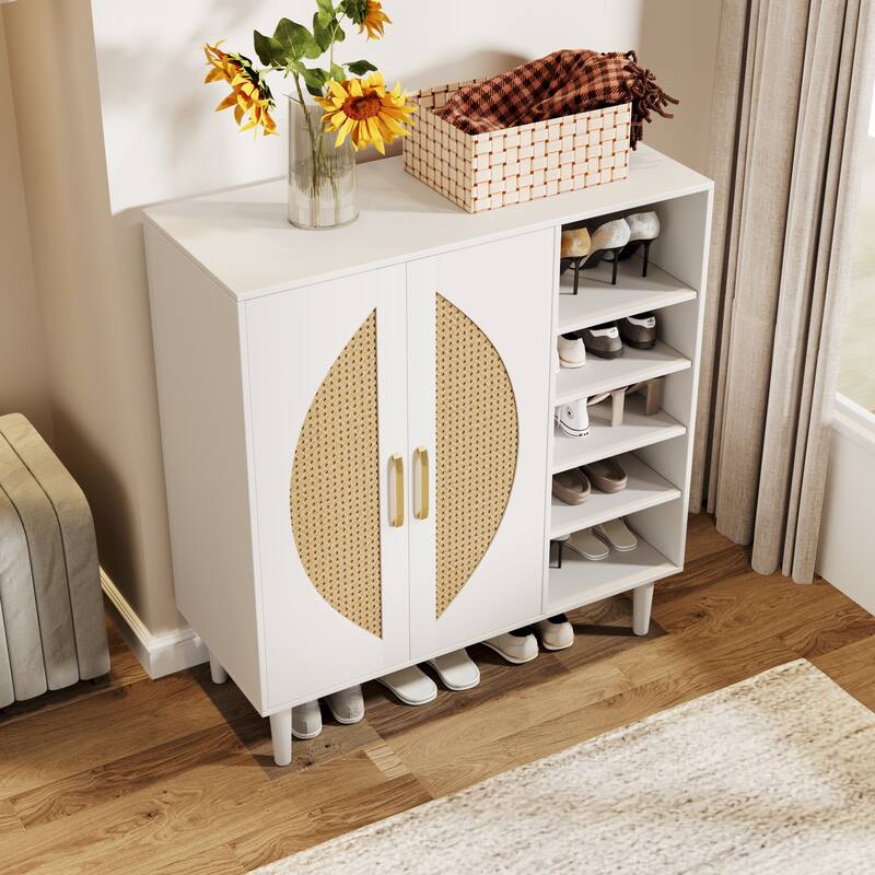Shoe Cabinet with Adjustable Shelves, Buffet Sideboard with Anti-Tip Safety, Rattan Storage Entryway Accent Cabinet