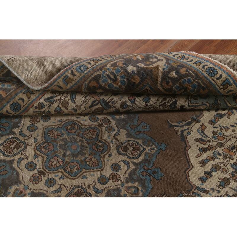 Brown Tabriz Persian Vintage Area Rug Hand-Knotted Wool Carpet - 6'9"x 9'9"