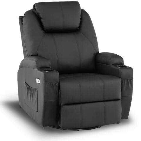 Mcombo Manual Swivel Glider Rocker Recliner Chair with Massage and Heat, 2 Side Pockets, 2 Cup Holders, Faux Leather 8031