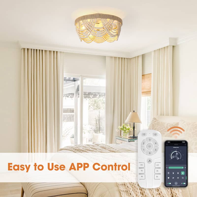 20" Smart Bohemian Wood Bead Beige Ceiling Fan with Remote and Light and APP Control - 19.7" D x 19.7" W x 10.1" H