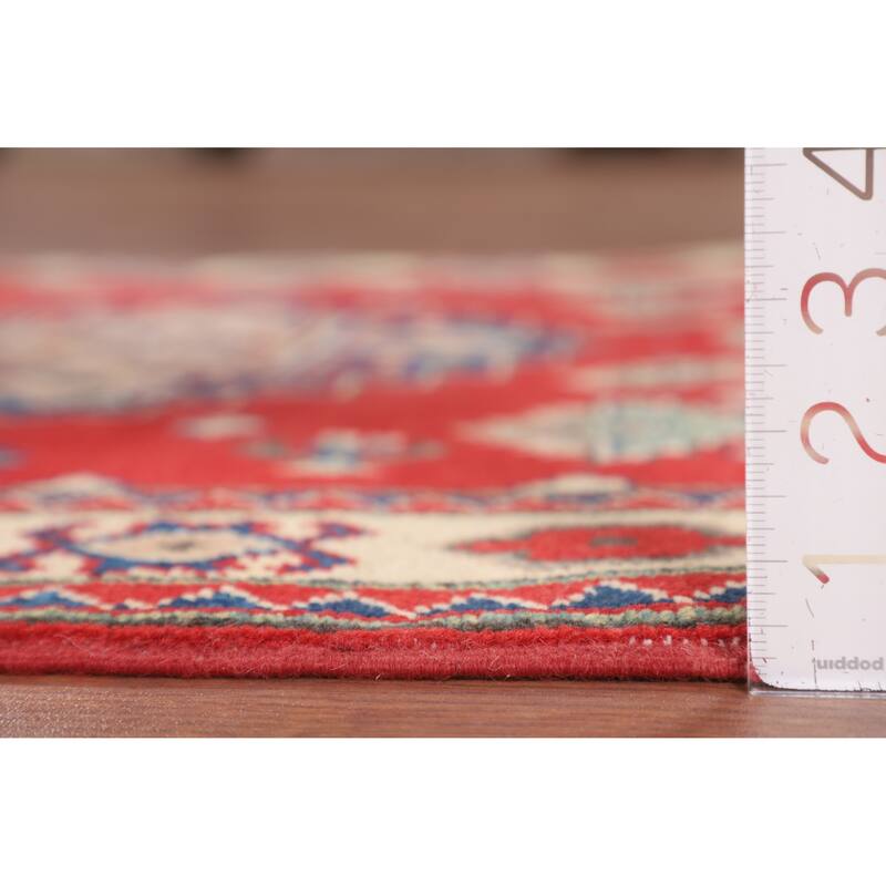 Red Kazak Accent Rug Handmade Geometric Wool Carpet - 3'2" x 4'11"