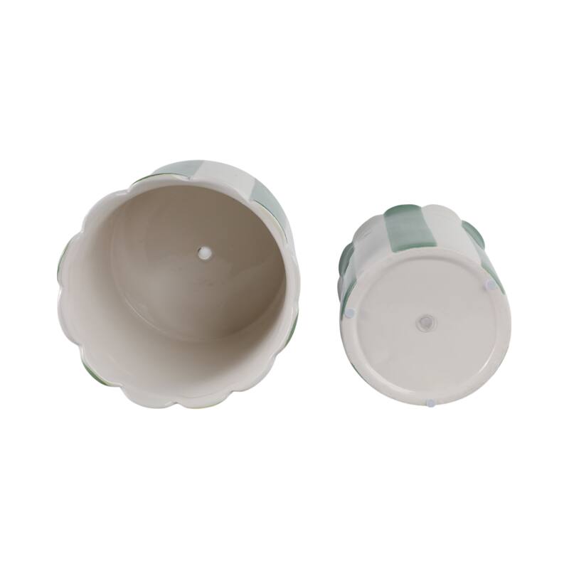 Ceramic Planter Scalloped Edge and Vertical Textured Design (Set of 2) - 8" x 8" x 7"