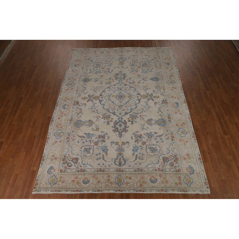 Tabriz Persian Area Rug Beige Floral Handmade Wool Carpet - 7'10"x 11'1"