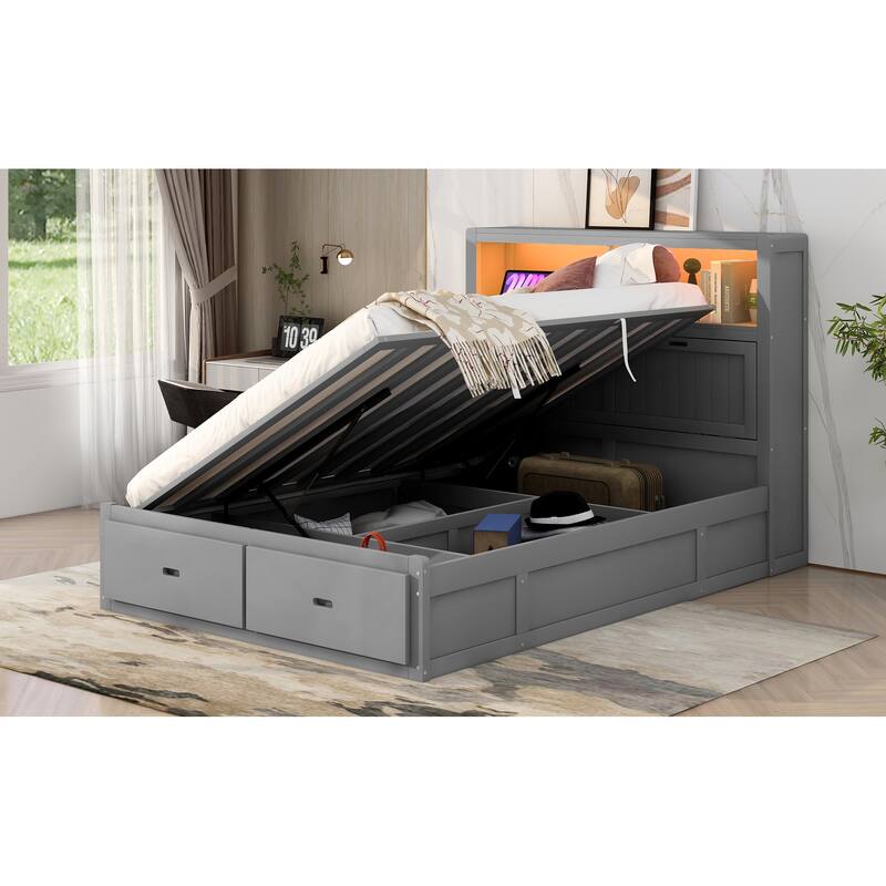 Queen Size Hydraulic Platform Bed with Storage, LED Headboard, Charging Station, and Drawers, Gray