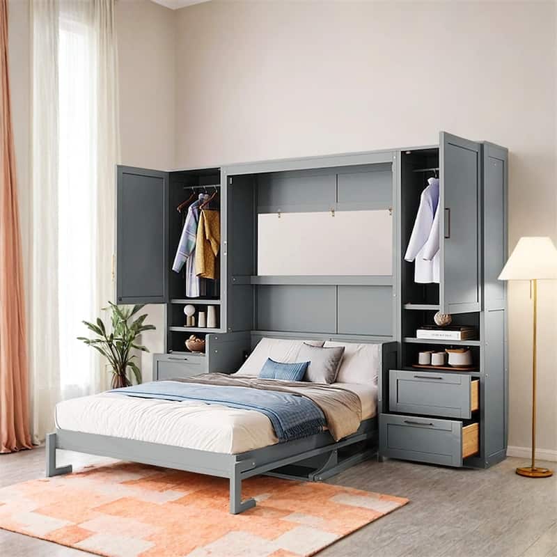 Full Size Murphy Bed Wall Bed with Closet,Drawers and Shelves