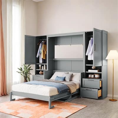 Full Size Murphy Bed Wall Bed with Closet,Drawers and Shelves