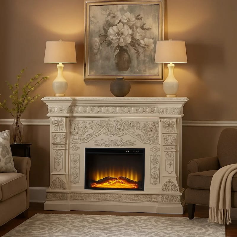 Kin LED Electric Fireplace, Floral Carvings, Antique White, 62 Inch