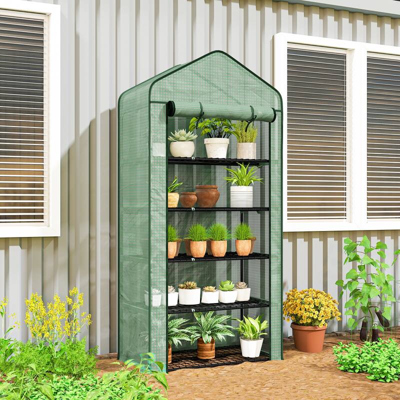 Outsunny 5 Tier Mini Greenhouse, 76" x 35.4" x 19.3" Small Portable Greenhouse with Reinforced PE Cover, Green