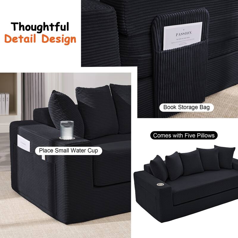 Convertible Sofa Bed, 76" Boneless Loveseat Couch 2 in 1 Foldable Floor Sofa Couch with 2 Cup Holders, Folding Sleeper Chair