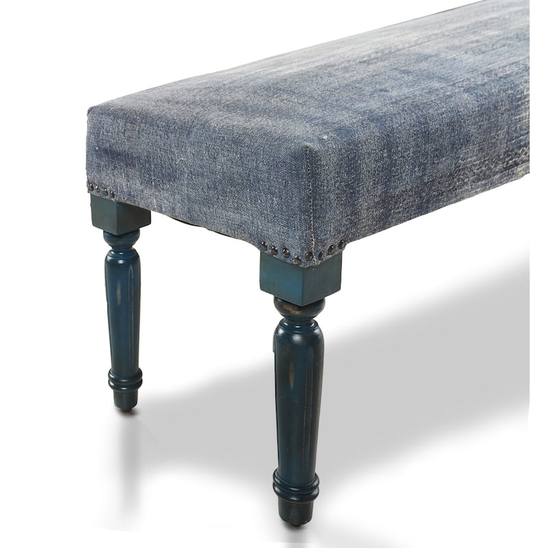 Wood Blue Ivory Cotton Upholstered Bench Distressed Finish Nailhead Trim - 16” D x 47” W x 18” H