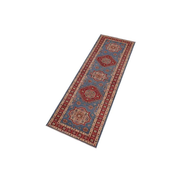 Southwestern Super Kazak Esme Light Blue/Red Hand Knotted Wool Runner - 2'5'' x 9'9''