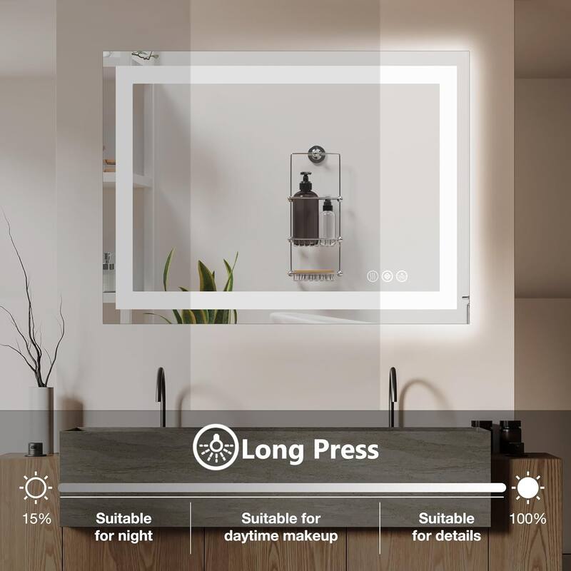 LED Bathroom Vanity Mirror for Wall with Anti-Fog, Dimmable Rectangle Mirrors with Front Light and Backlit, Memory Function