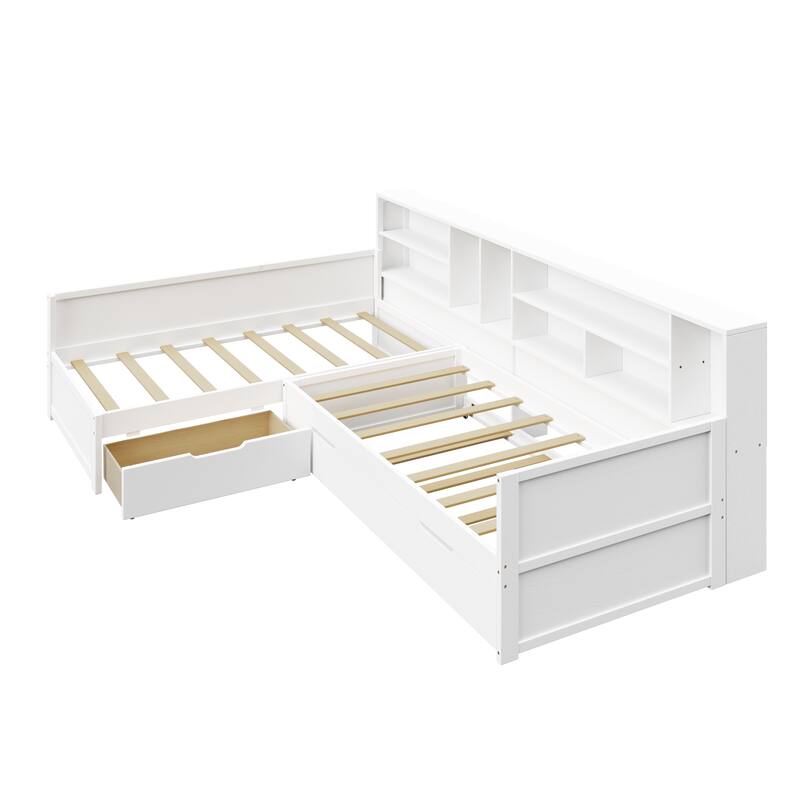 Wooden L Shaped Daybed with Under-bed Trundle and Storage Drawer