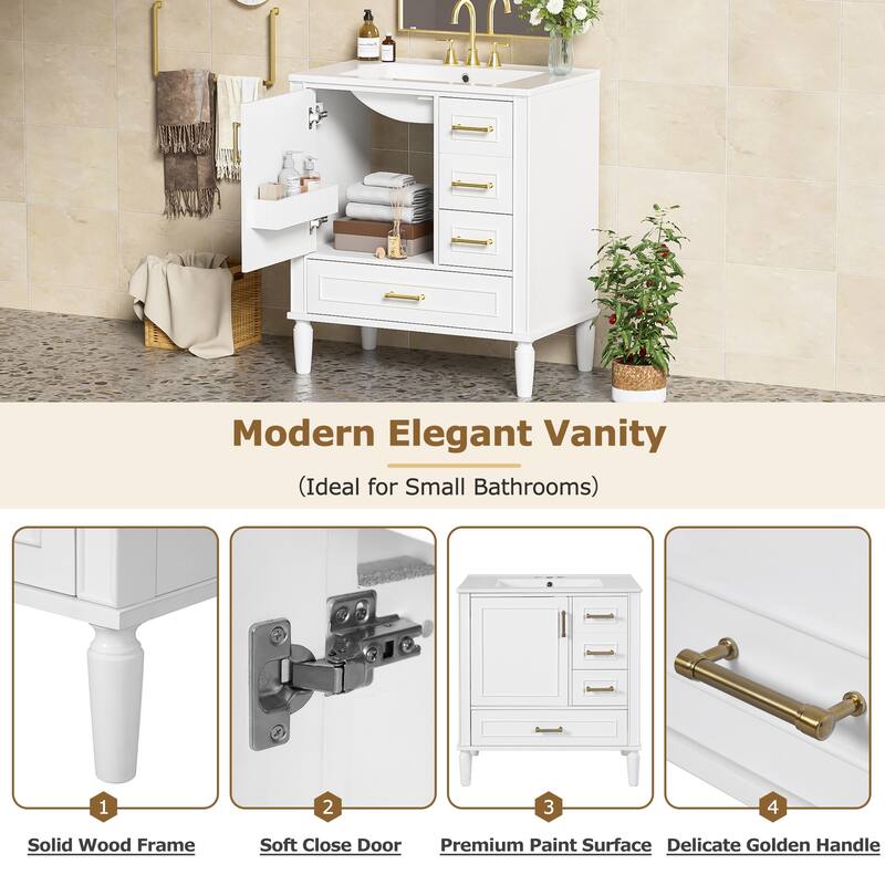 30" Bathroom Vanity with Ceramic Sink Storage Cabinet with Built-in Shelf and 3 Drawer