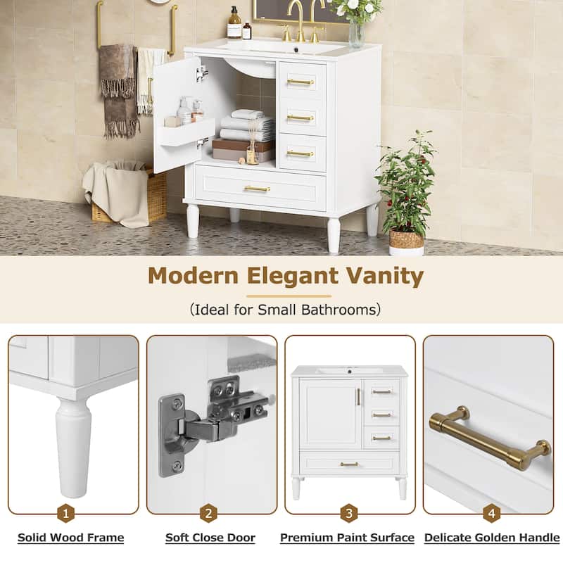 30" Bathroom Vanity with Sink, Freestanding Storage Cabinet with 3 Drawers, Soft-Close Door, Ceramic Basin,Bathroom Cabinet