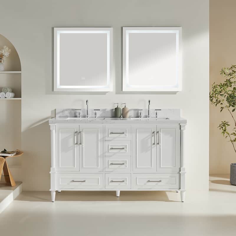 GDFStudio - Modern 60" Freestanding Bathroom Vanity with Dual Engineered Carrara Marble, Fully Assembled