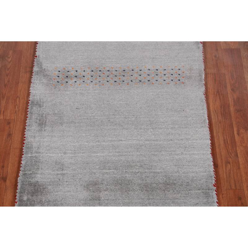 Hand Knotted Oriental 100% Wool Carpet Tribal Animal Pictorial Greys & Charcoal Gabbeh Runner Rug - 7' 9'' X 2' 7''