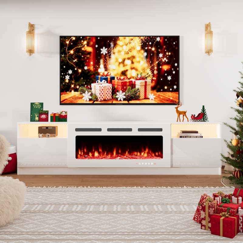 36'' Electric Fireplace TV Stand, Entertainment Center & TV Console for TVs up to 80'', Modern Fireplace Heater for Living Room - White 80"