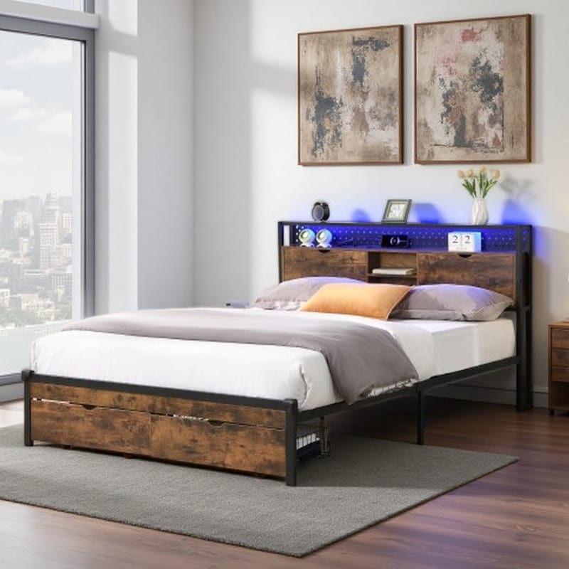 King Metal Platform Bed with Wooden Headboard, USB Charging Station, LED Lighting, 2 Storage Drawers, No Box Spring Needed