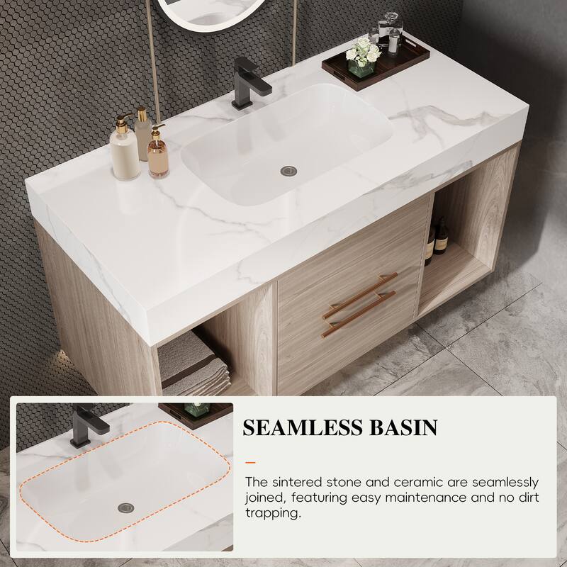 Floating Bathroom Vanity with Ceramic Sink, Rectangle Bathroom Storage Cabinet with Sintered Stone Countertop