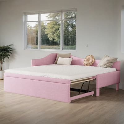 Twin Size Upholstered Daybed with Pop-Up Trundle, L-Shaped Backrest