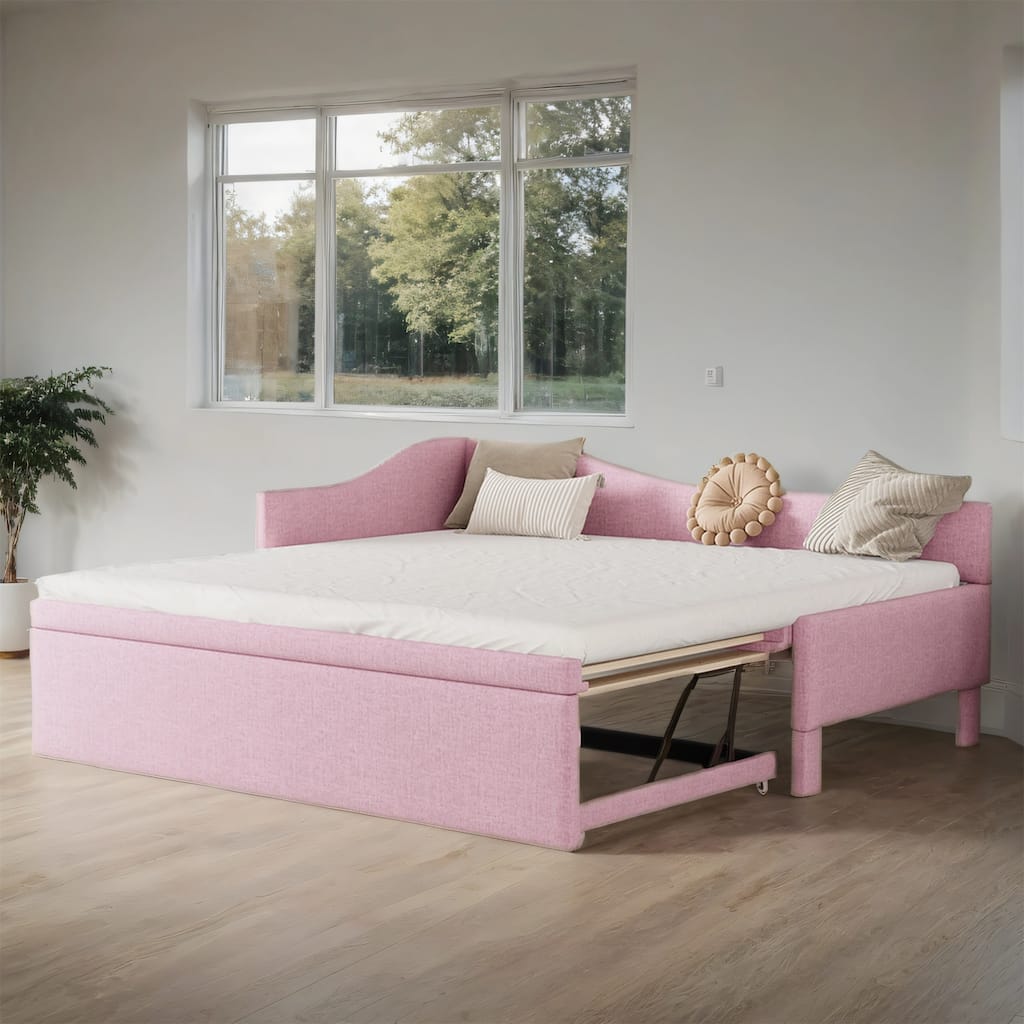 Twin Size Upholstered Daybed with Pop-Up Trundle, L-Shaped Backrest