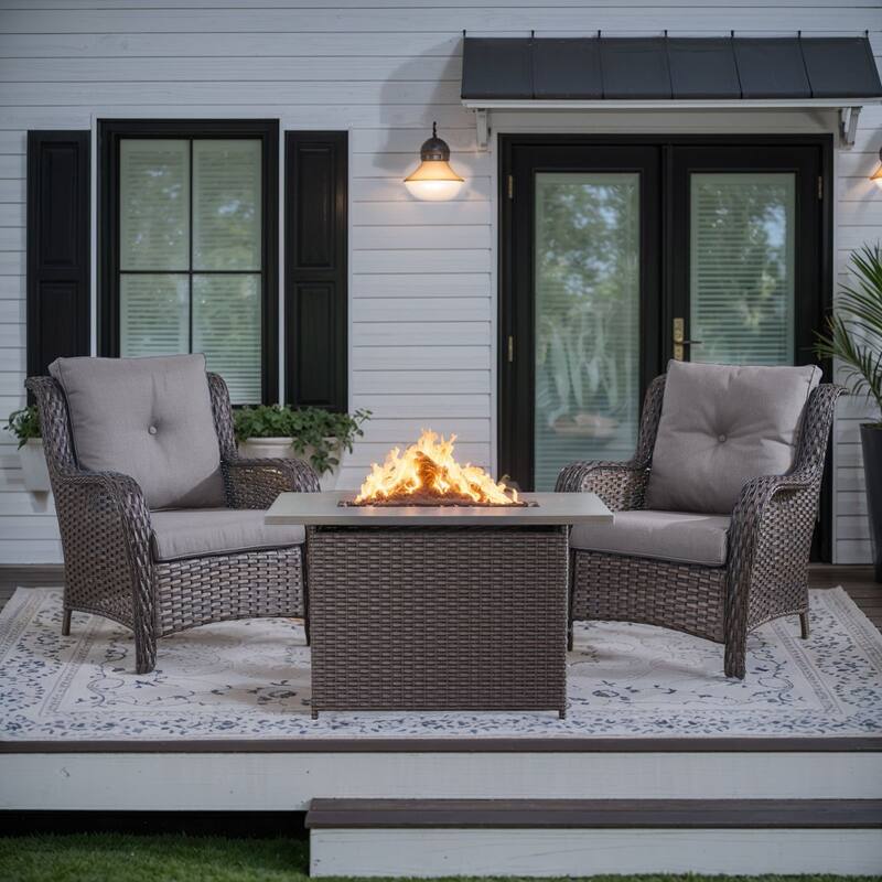 Outdoor Rectangular Fire Pit Table with 2 Patio Chairs - Brown - Grey