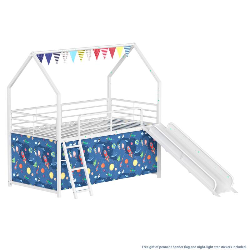Metal Junior House Twin Loft Bed with Slide and Curtain Set