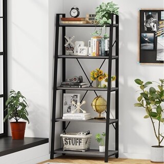 5-Tier Ladder Shelf, Industrial Leaning Bookcase, Wood and Metal Ladder ...