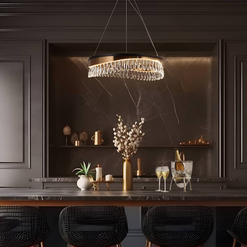 Modern LED Crystal Drum Chandelier Black Gold Hanging Lights for Dining Living Room - D23.5" x H6"