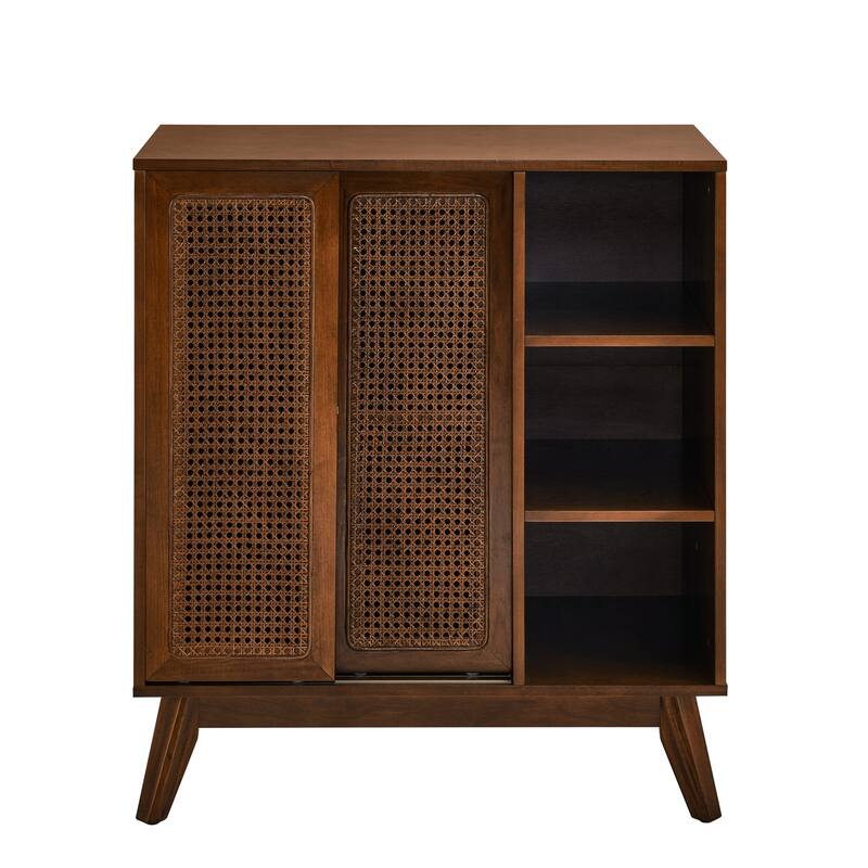 Rustic Rattan Sideboard Buffet Storage Cabinet Walnut Entry Side Cabinet