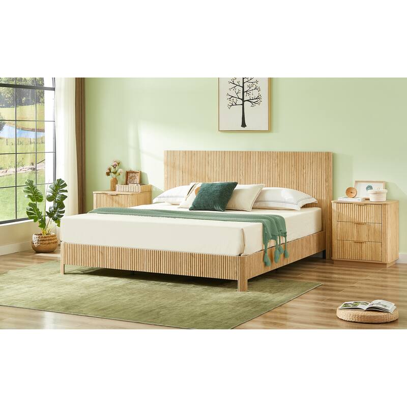 Wooden Corrugated Bed Frame Contemporary Rustic Platform Bed with 44.5" High Headboard/Metal Tubes Support/No Box Spring Needed