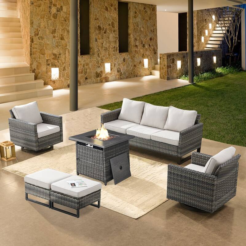 Pati Sofa with Fire Pit Table and Swivel Chairs - Grey - Beige